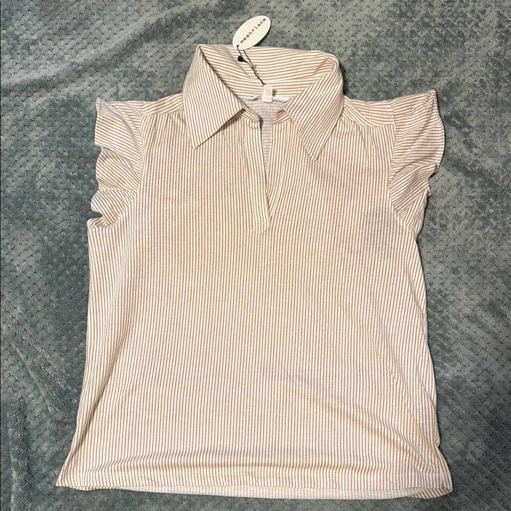 Striped Ruffle Sleeve Collared Top